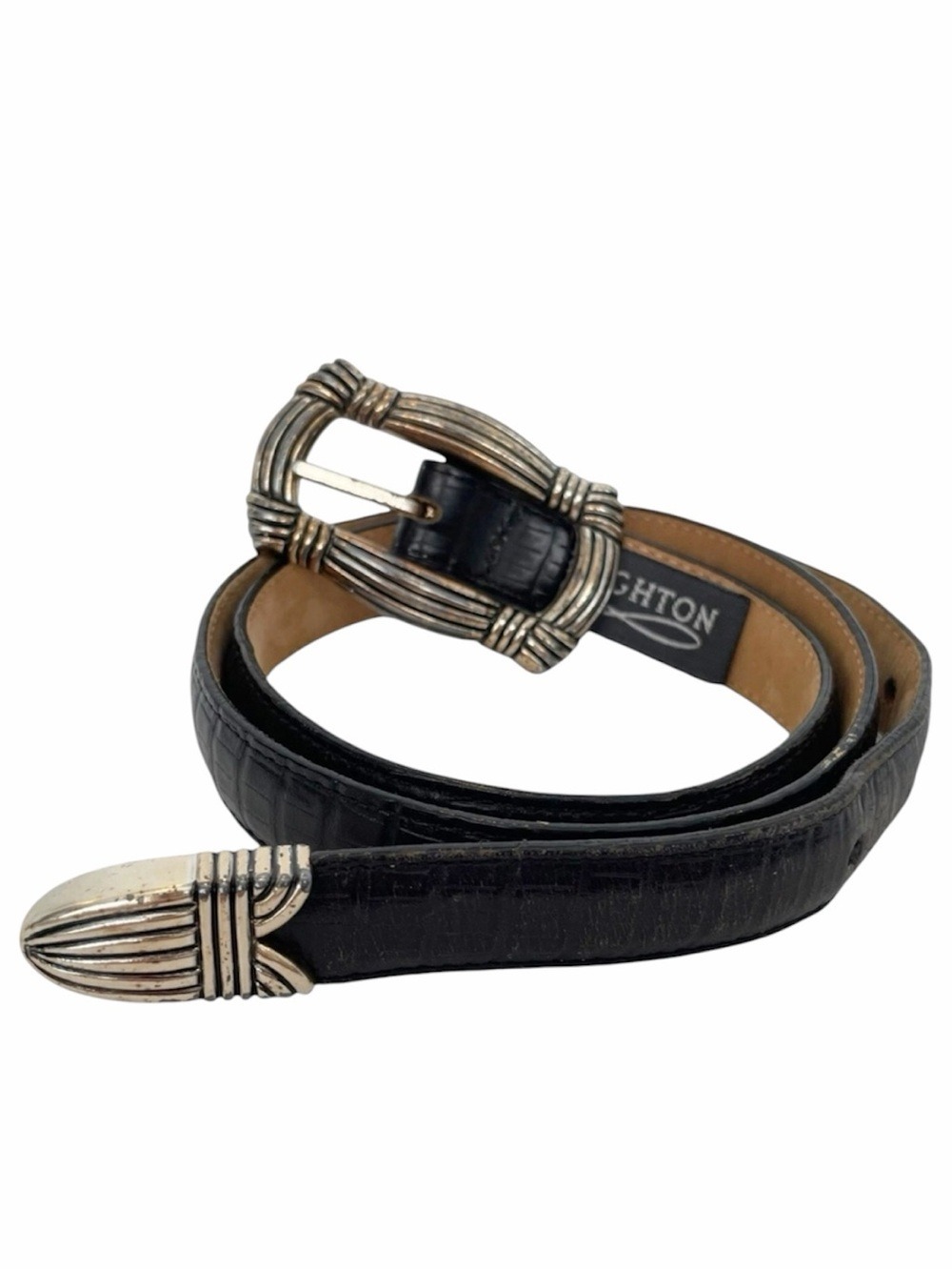 Vintage 1995 Brighton Croc Embossed Skinny Belt Black Size M Fits 27"-29" Waist